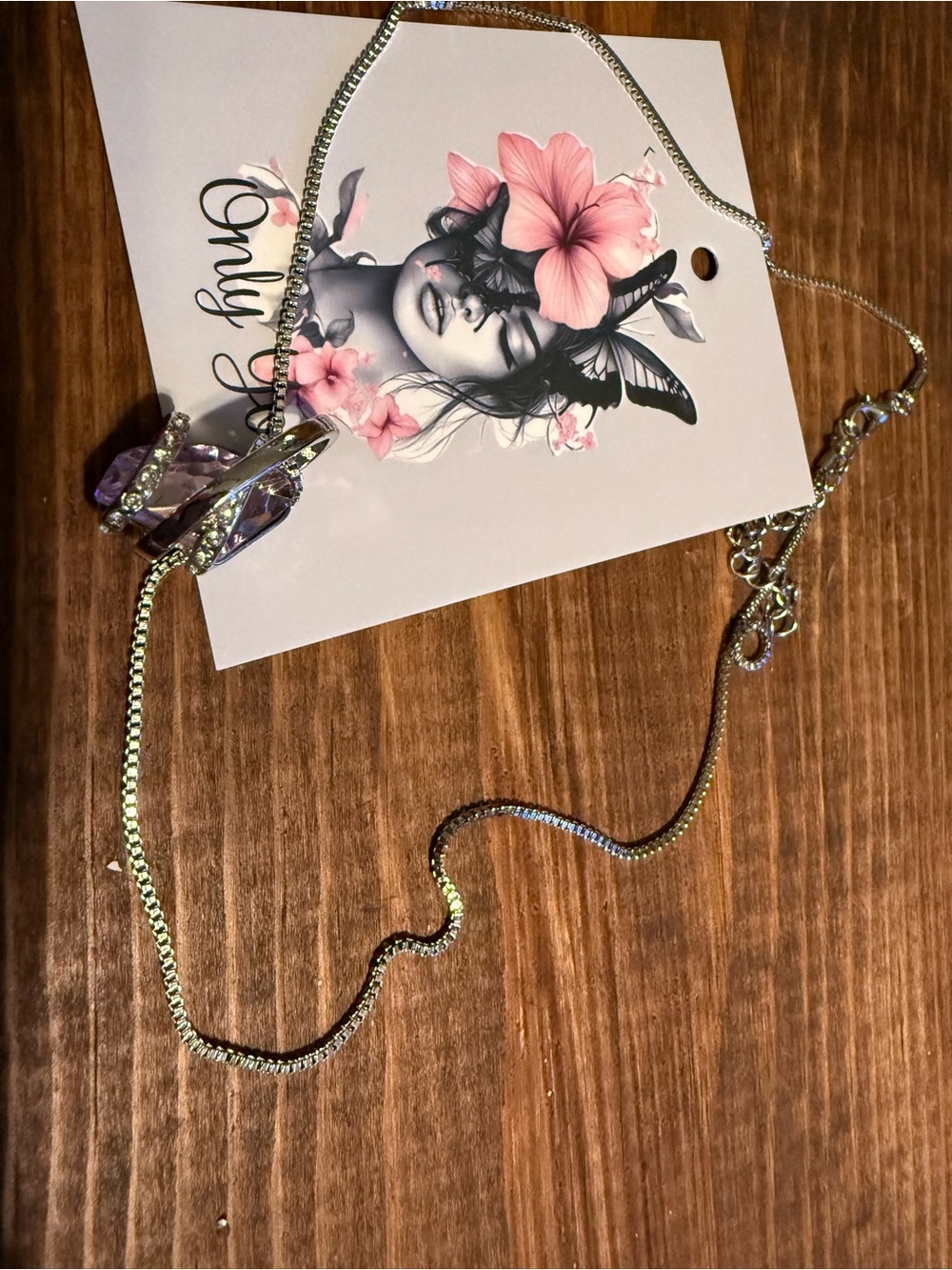 Silver Chain Necklace with Purple Crystal Pendant